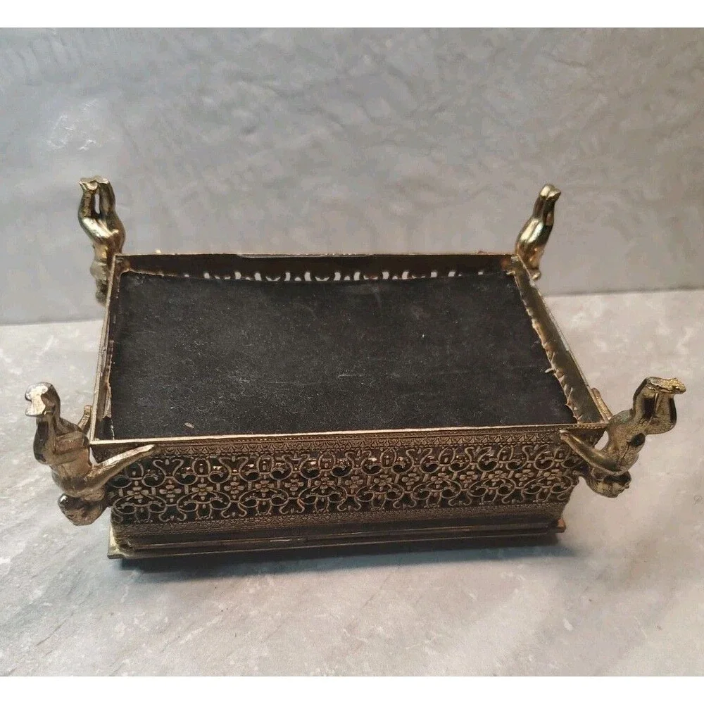 Antique Ormolu Gold Filigree Jewelry Casket Box Beveled Glass Velvet Cherub